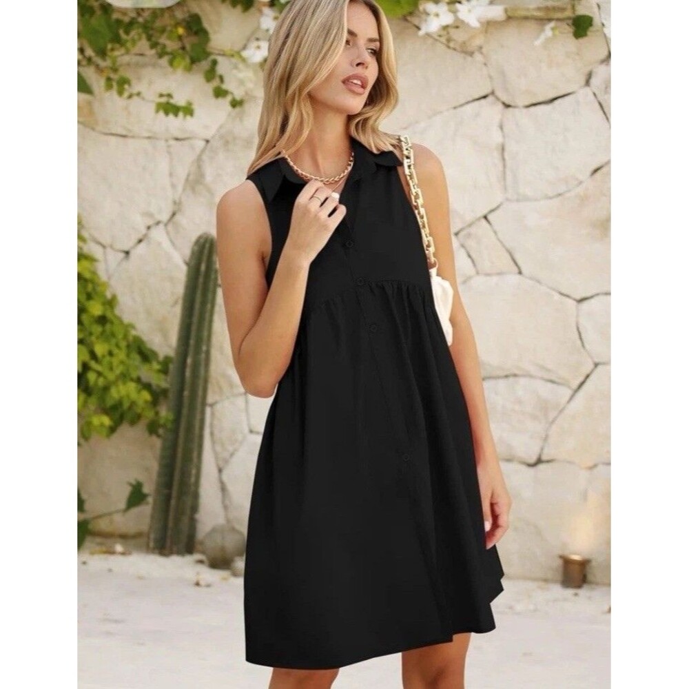 NWT Collared Shirt Dress Sz S Casual Loose Button Down Mini V Neck Tunic Pockets - Picture 7 of 16